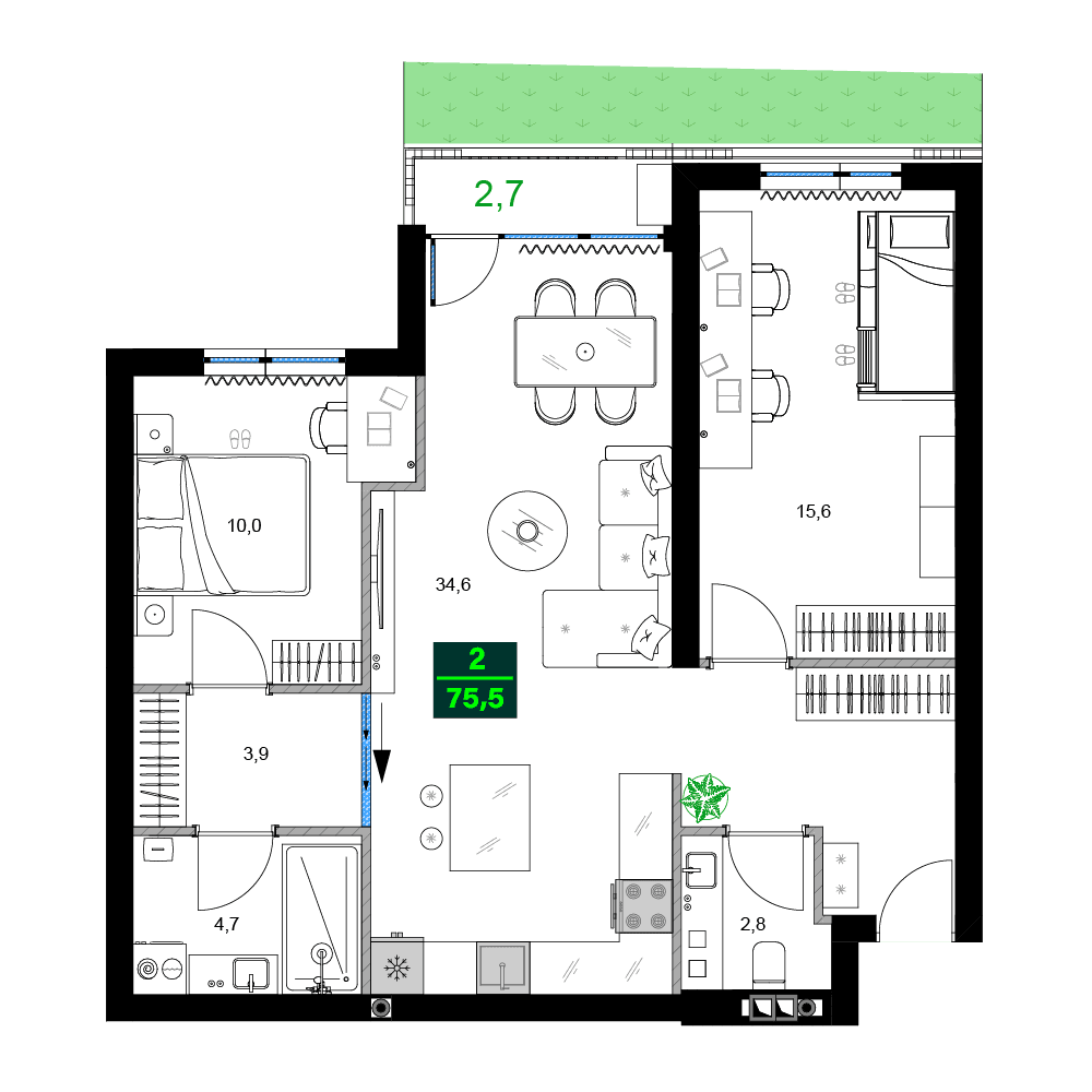 3-room, 75.5 m²