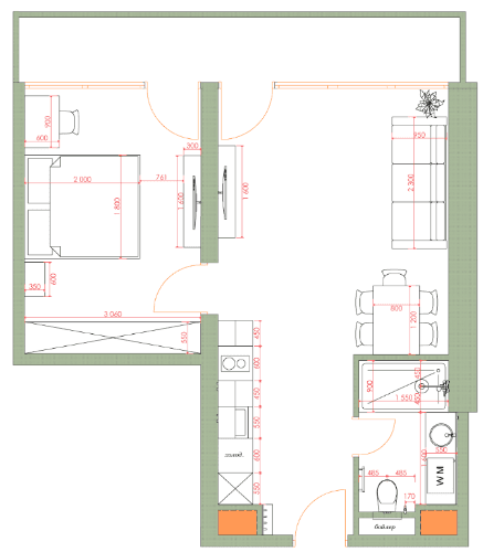 1-room, 54.3 m²