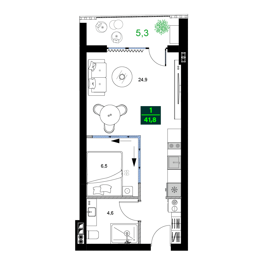 2-room, 41.8 m²