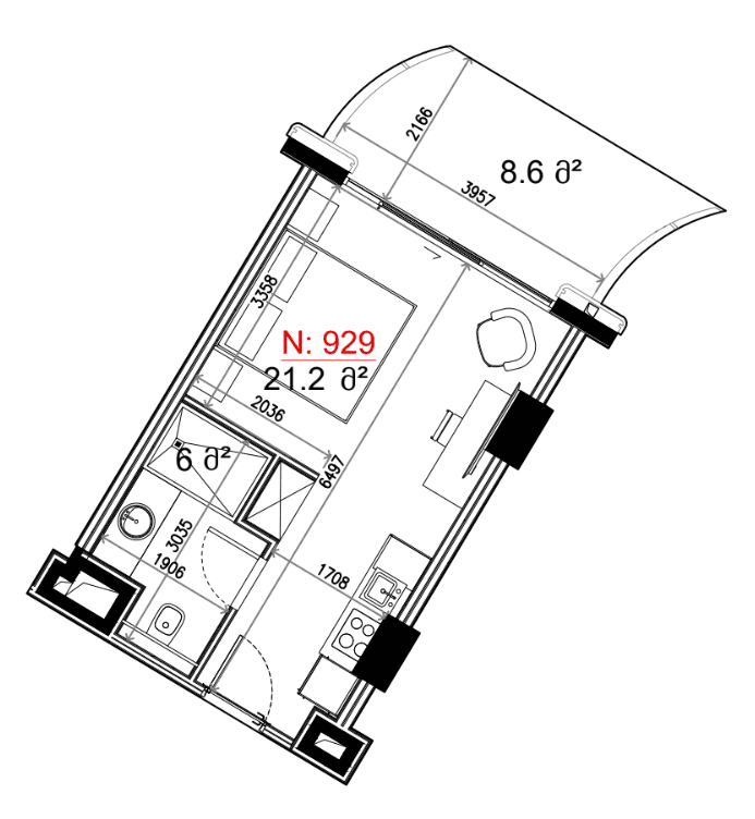 استوديو, 34.8 م²