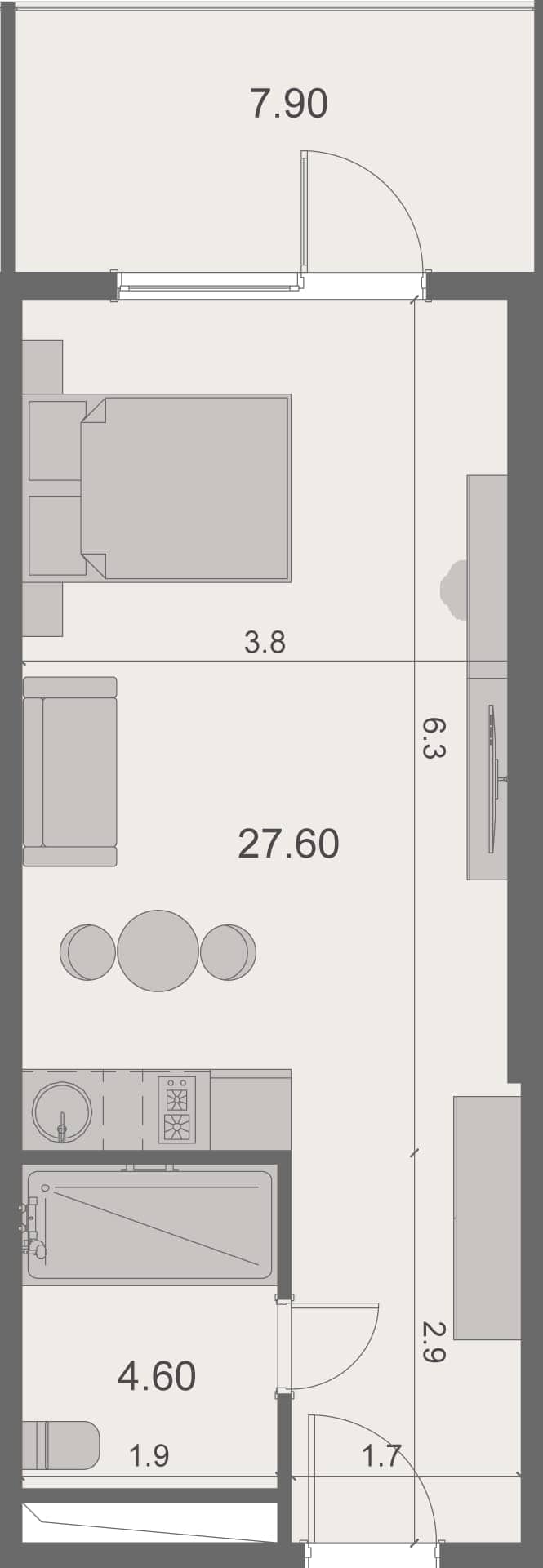 Студия, 40.1 м²