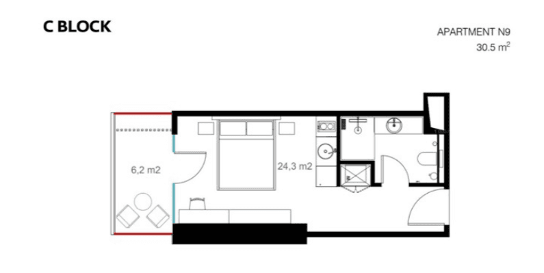 单间, 30.5 m²