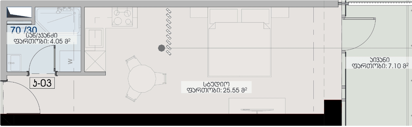 استوديو, 36.7 م²
