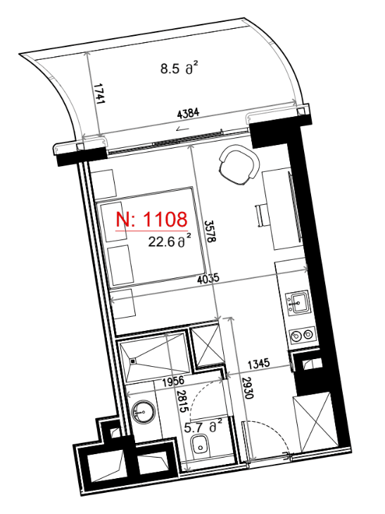 单间, 36.8 m²