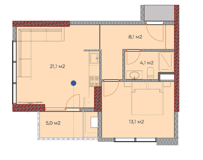 1-room, 55.4 m²