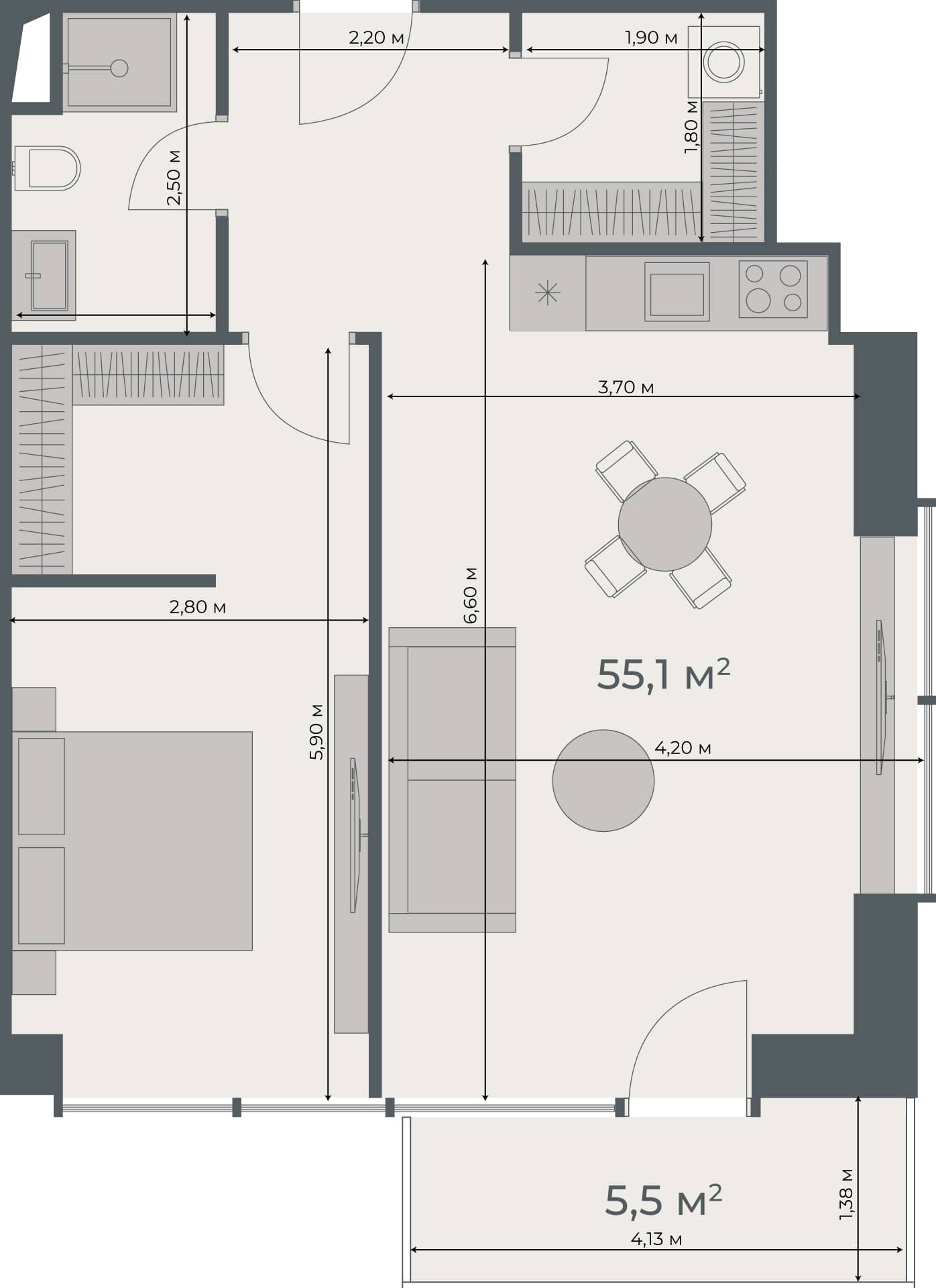 1-комн., 60.6 м²