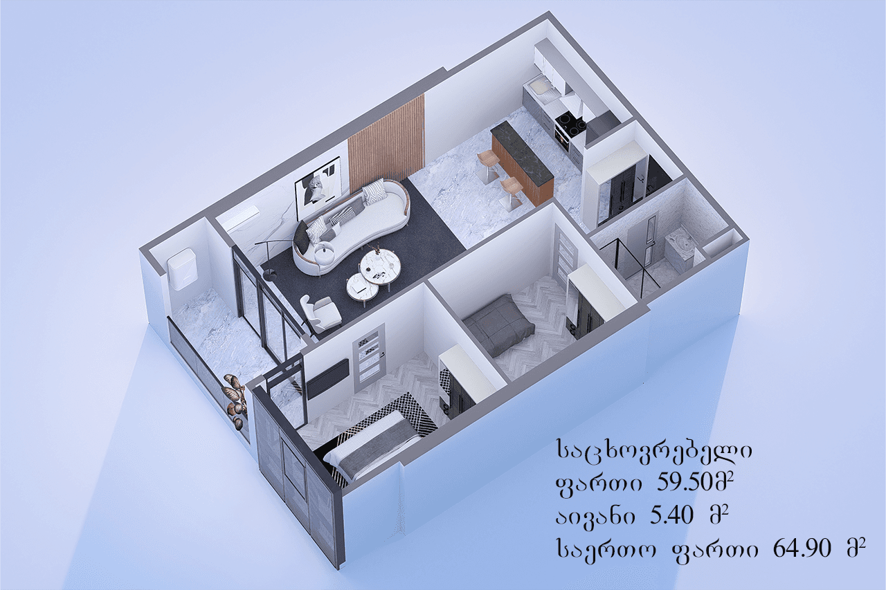 两居室, 64.9 m²