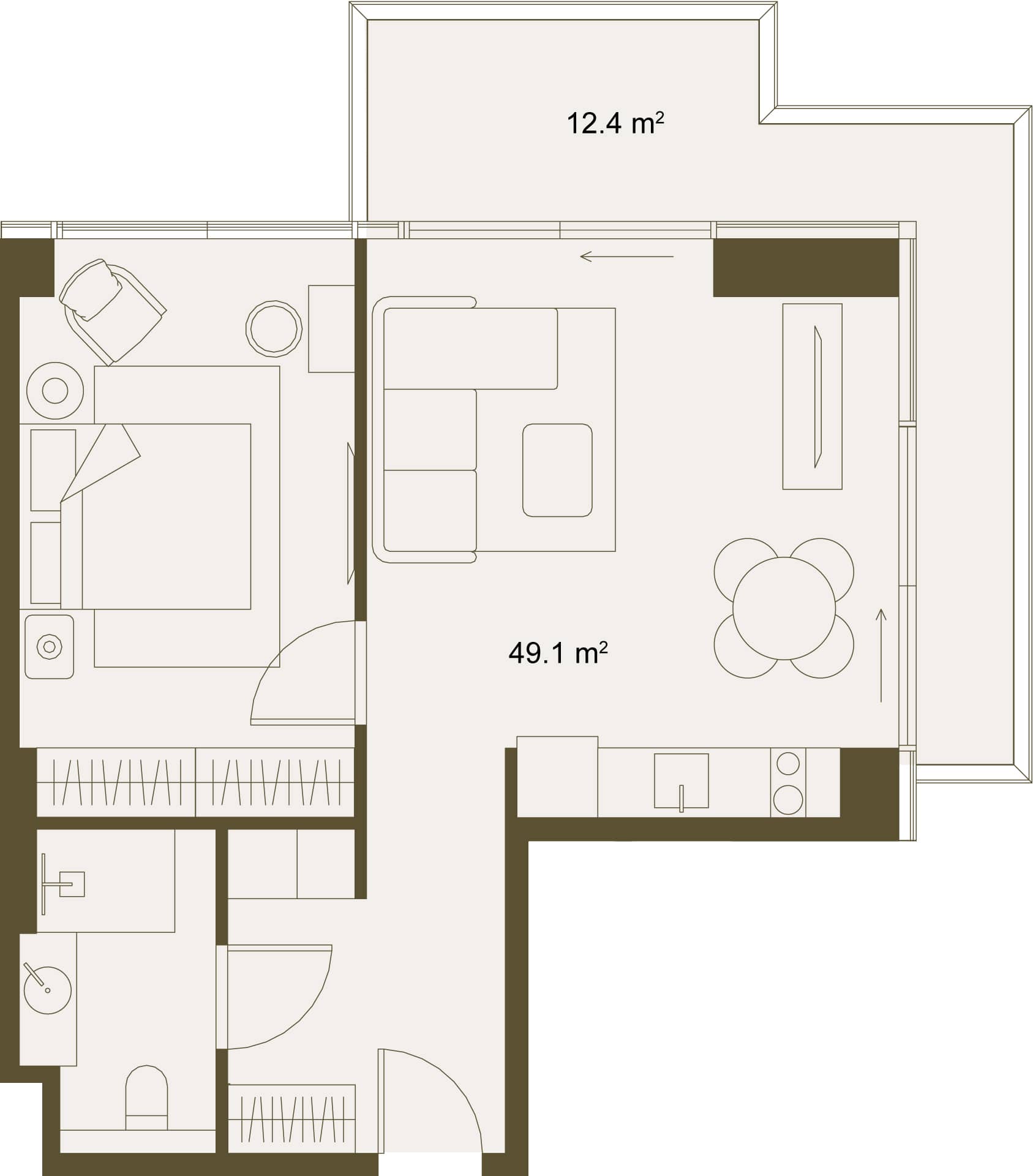 1-room, 61.4 m²