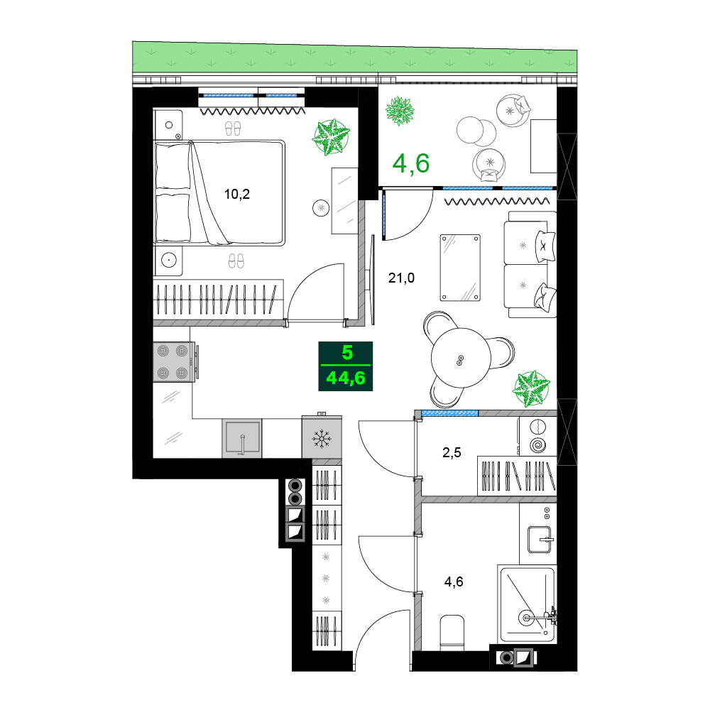 两居室, 44.6 m²