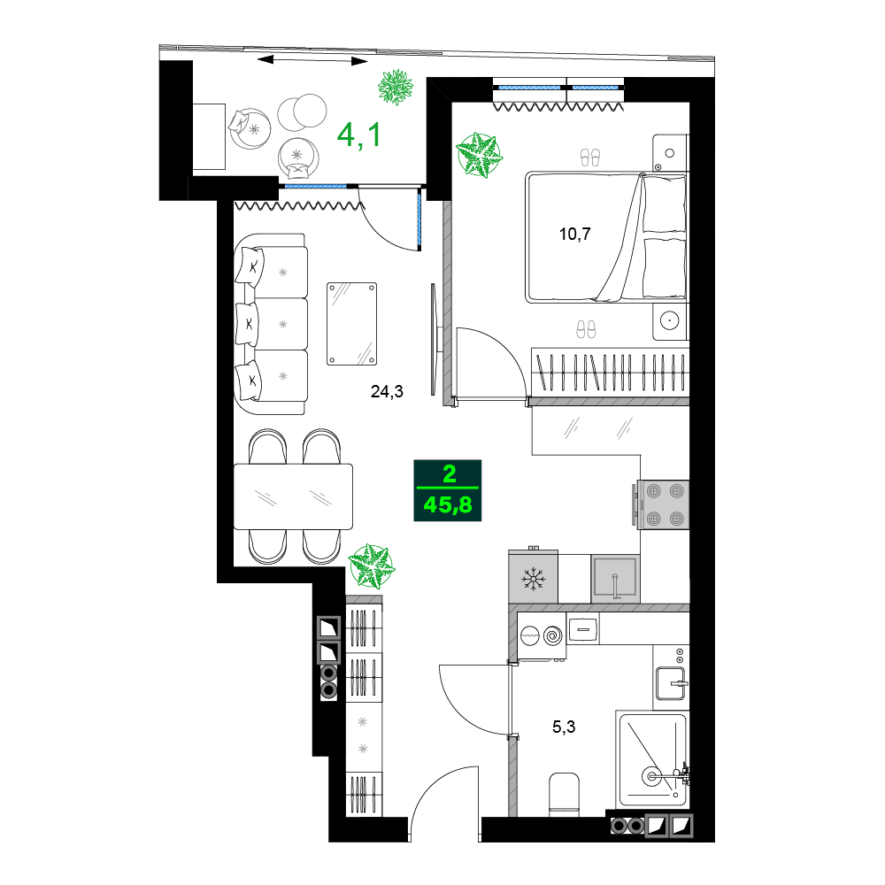 2-room, 45.8 m²
