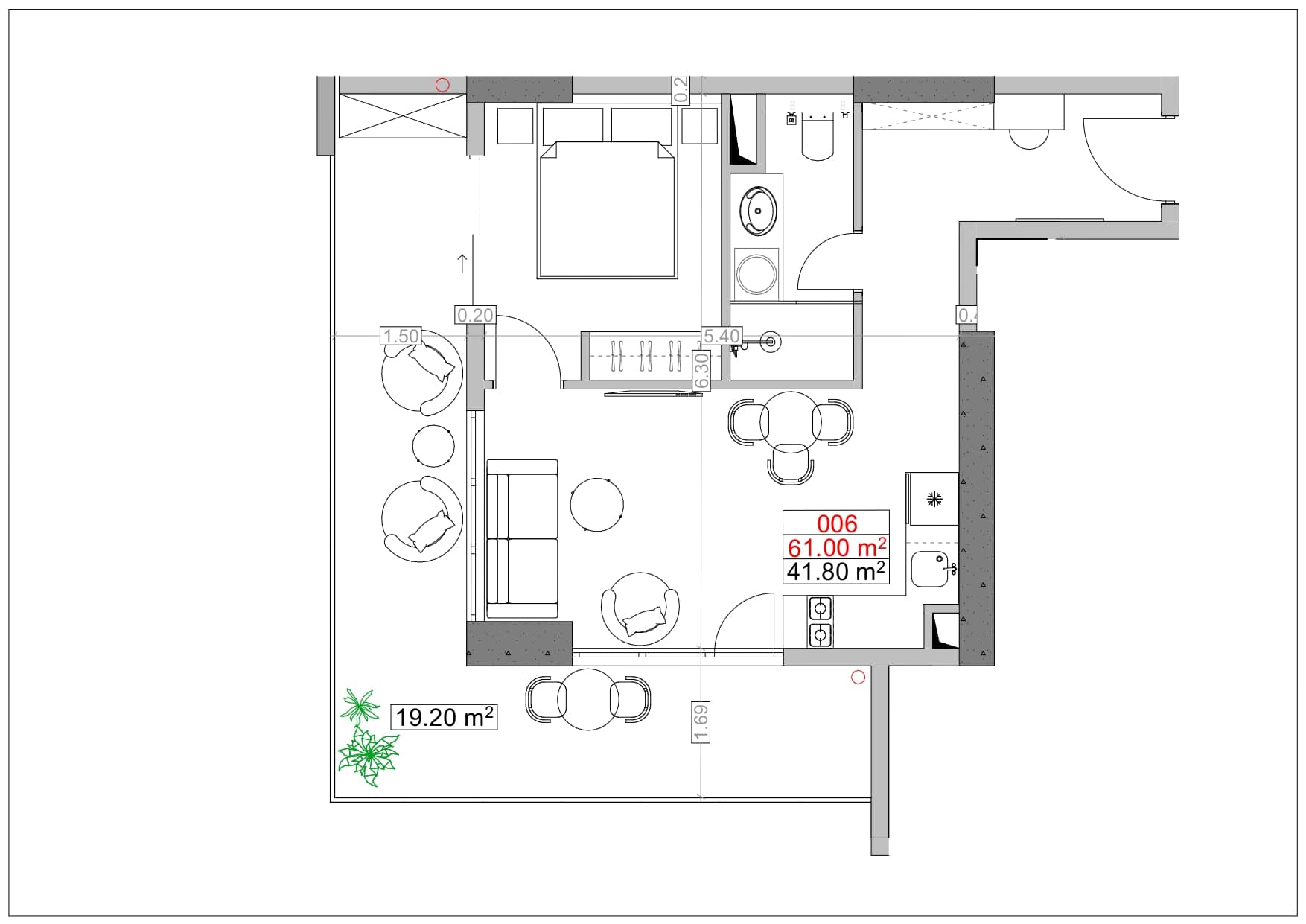 2-room, 61 m²