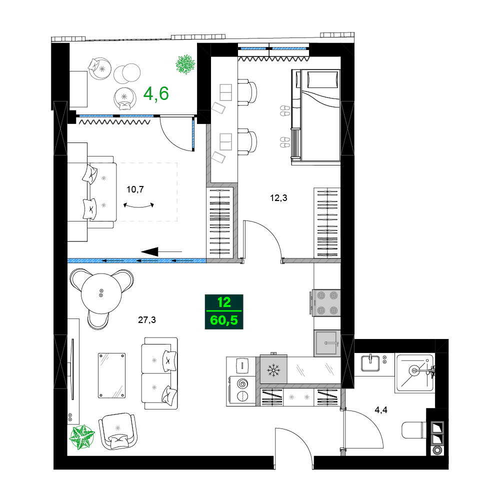 三居室, 60.5 m²