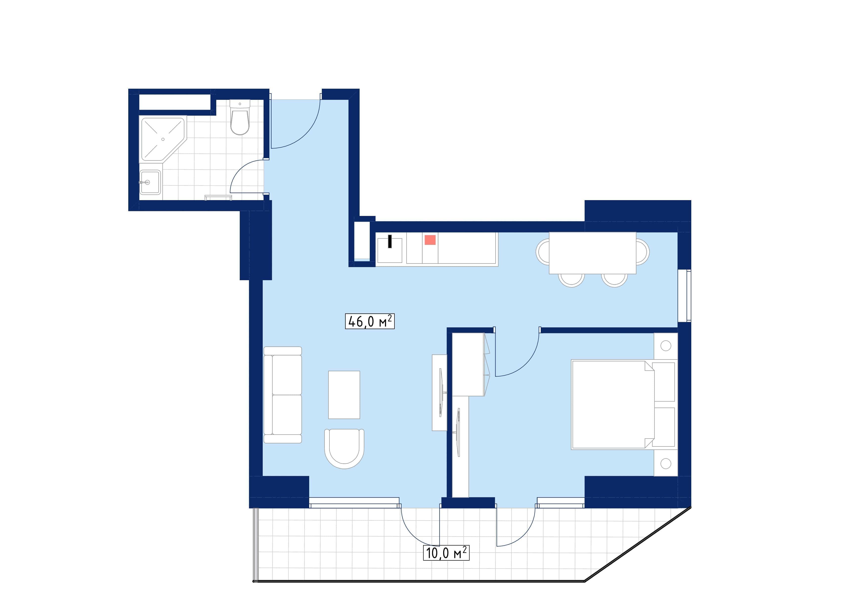 一居室, 57.8 m²