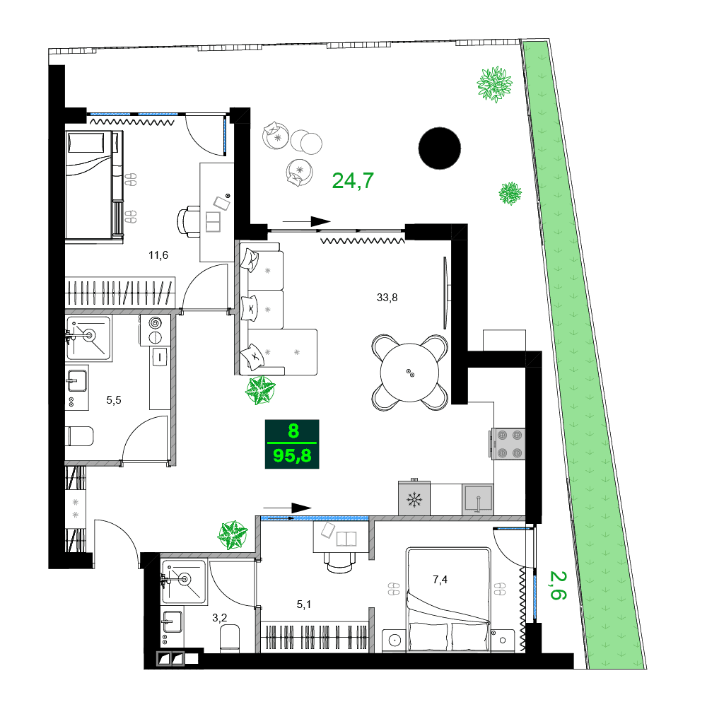 三居室, 95.8 m²