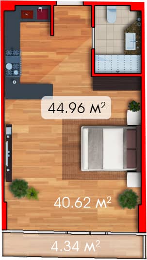 Студия, 45 м²