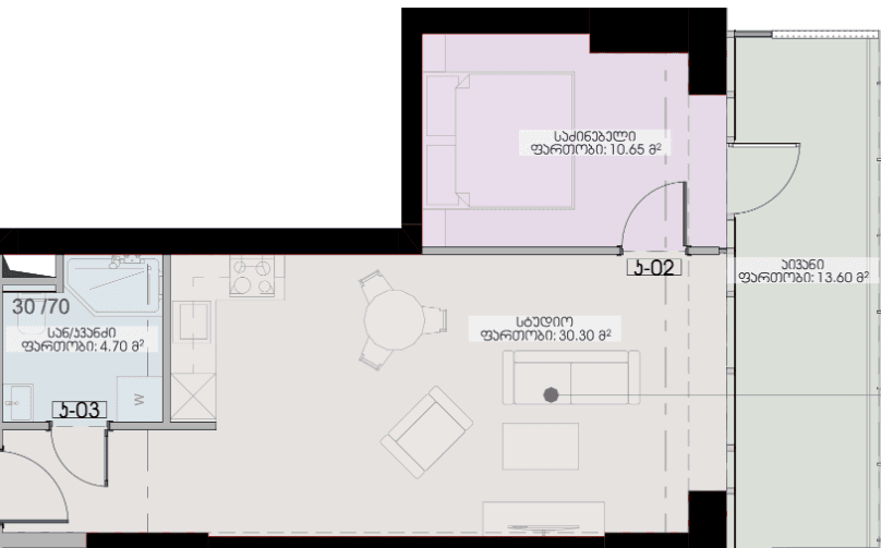 1-room, 59.3 m²