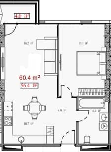 דירת חדר אחד, 60.4 מ״ר