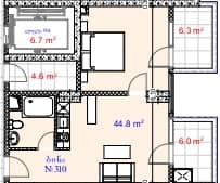 1-комн., 57.1 м²