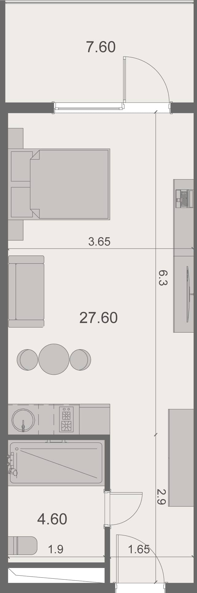 Студия, 40.1 м²