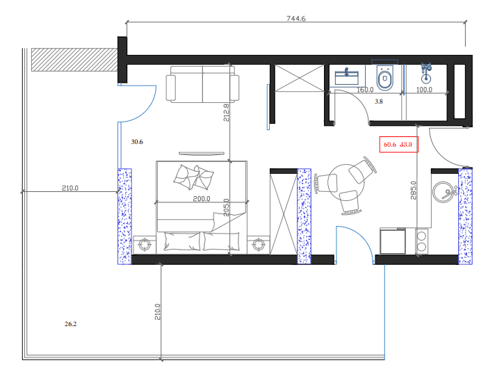 单间, 60.6 m²