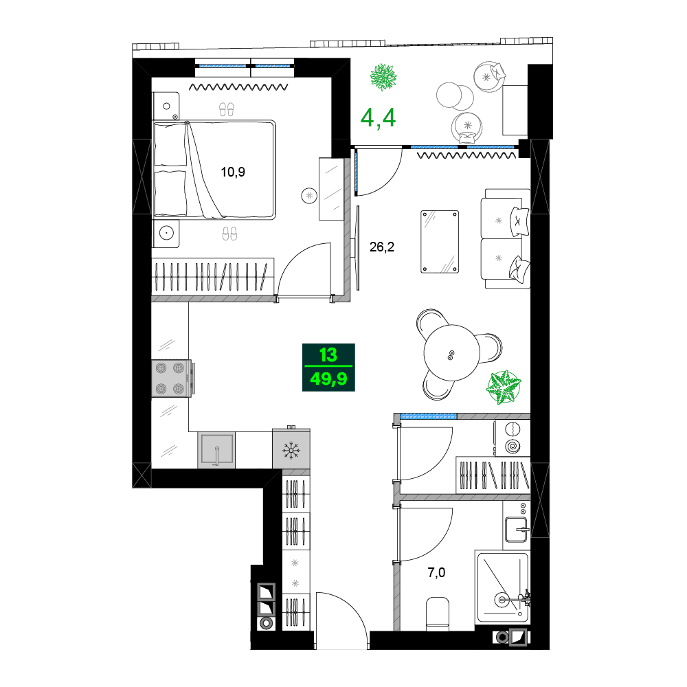 2-room, 49.9 m²
