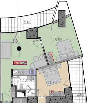 一居室, 56.5 m²
