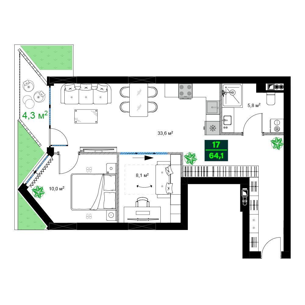 3-room, 64.1 m²