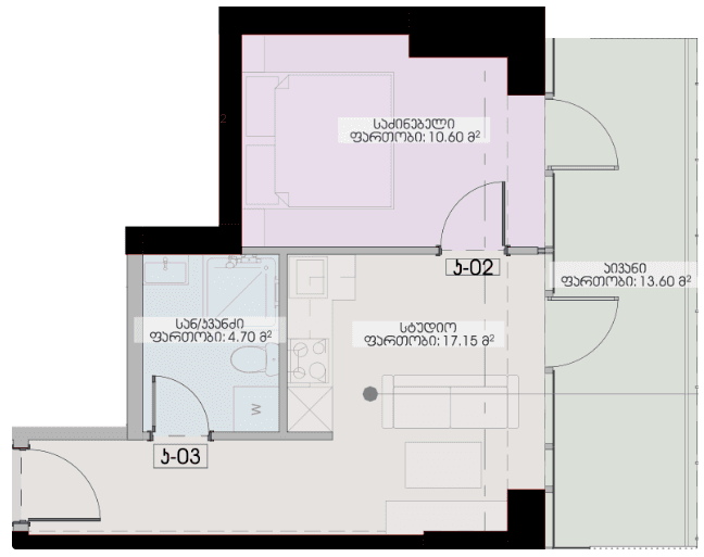 1-room, 46 m²