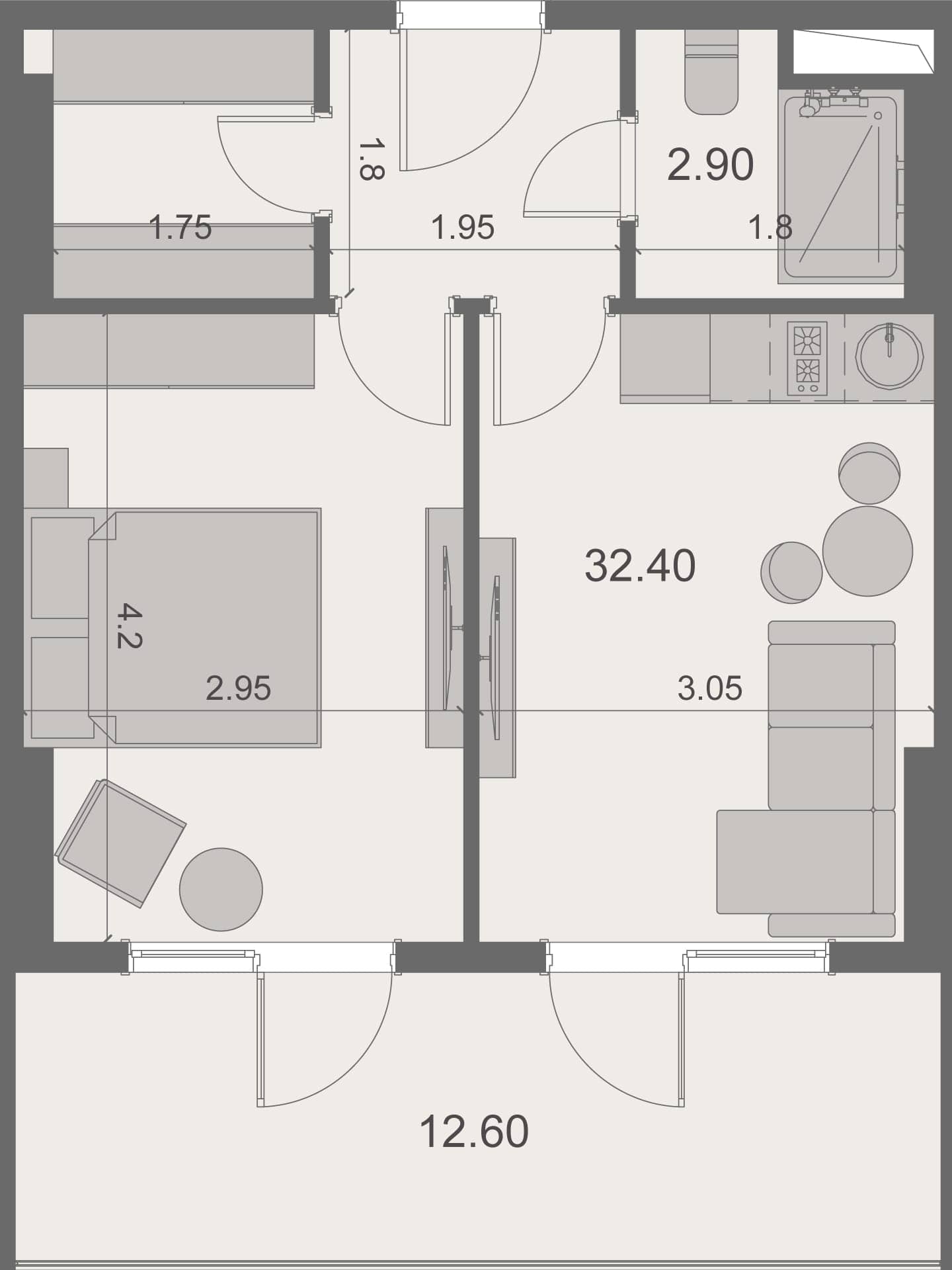 一居室, 47.9 m²