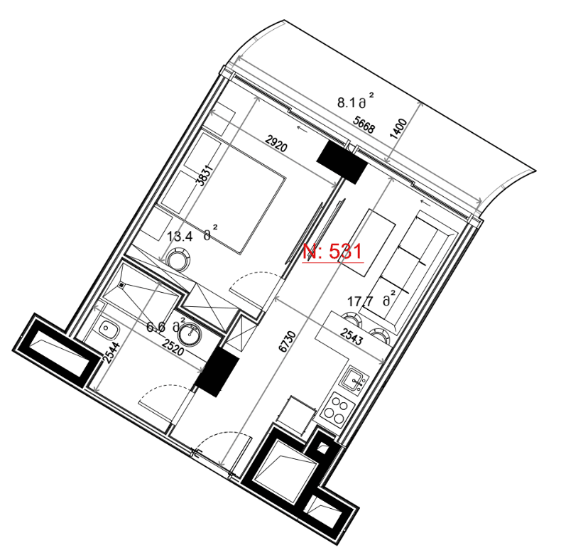 Студия, 45.8 м²