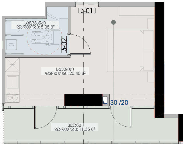 استوديو, 36.8 م²