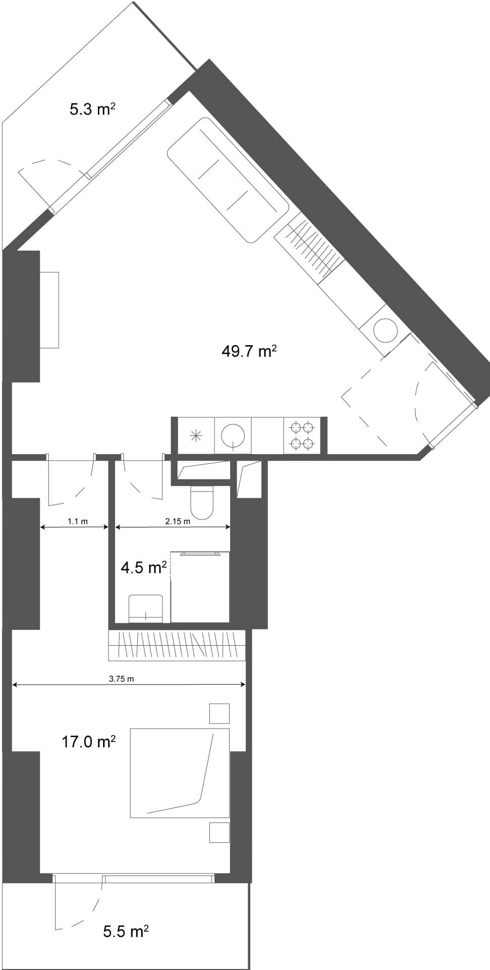 1-room, 60.5 m²
