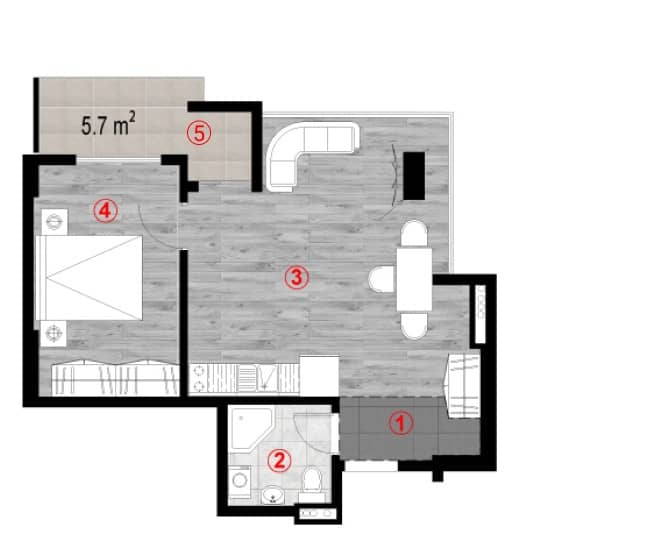 1-room, 49.6 m²