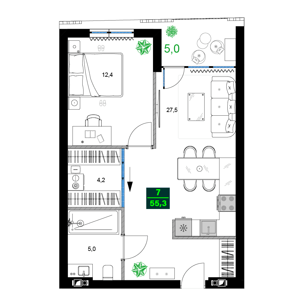 2-комн., 55.3 м²