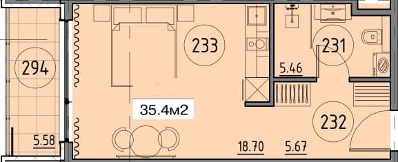 单间, 35.4 m²