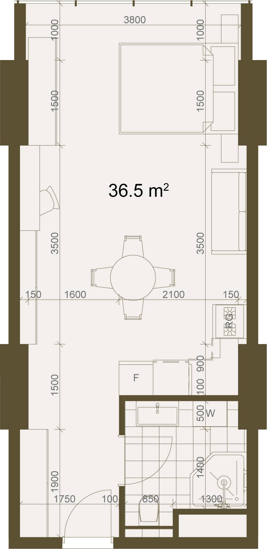 Студия, 36.5 м²