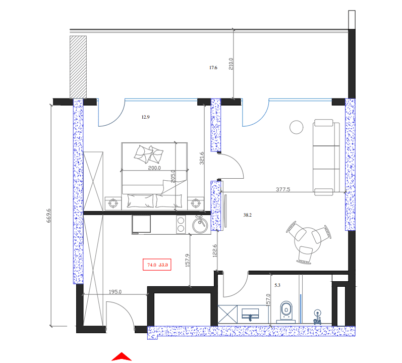 1-комн., 74 м²