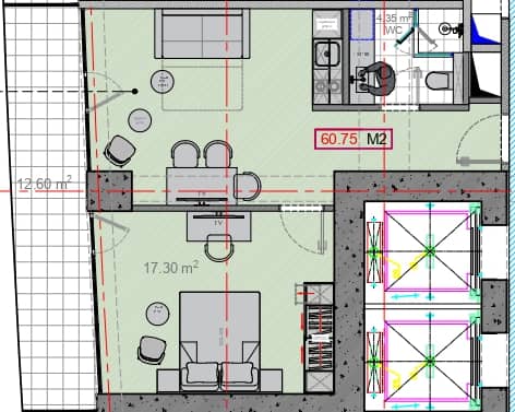 一居室, 60.8 m²
