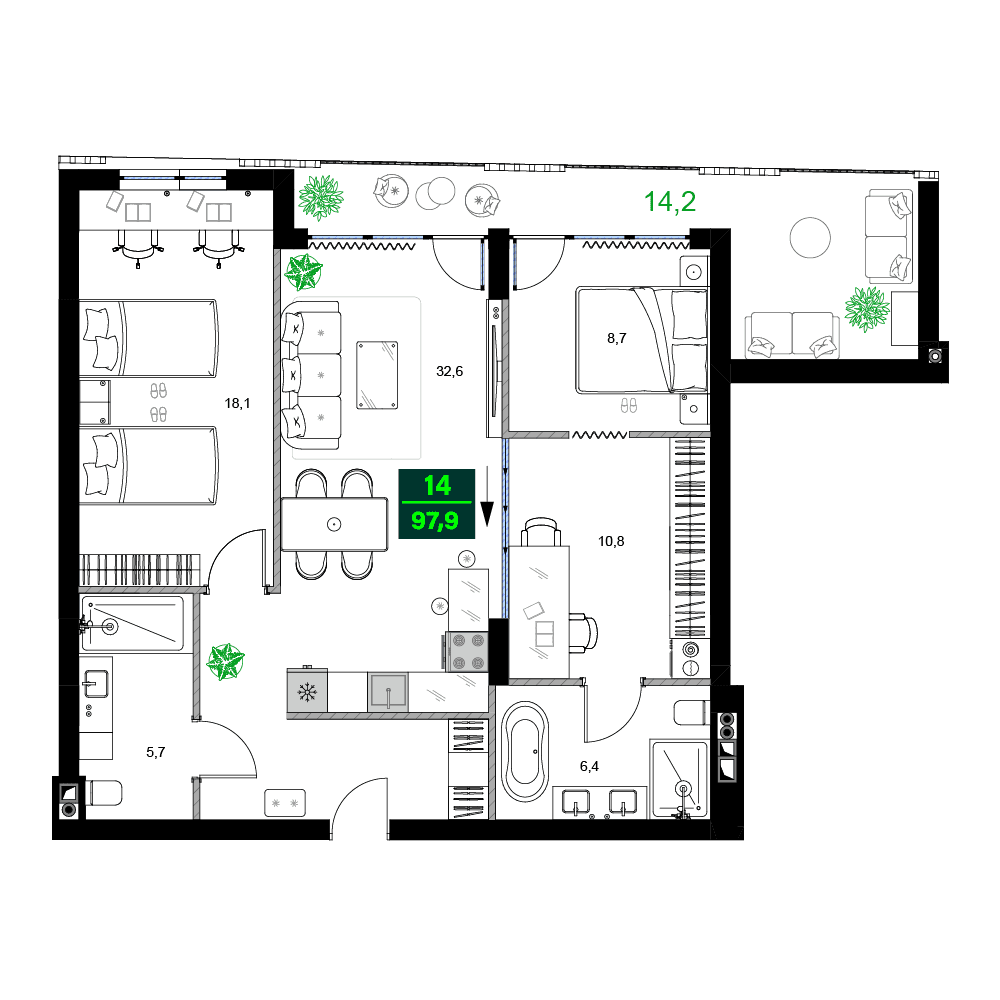 3-комн., 97.9 м²