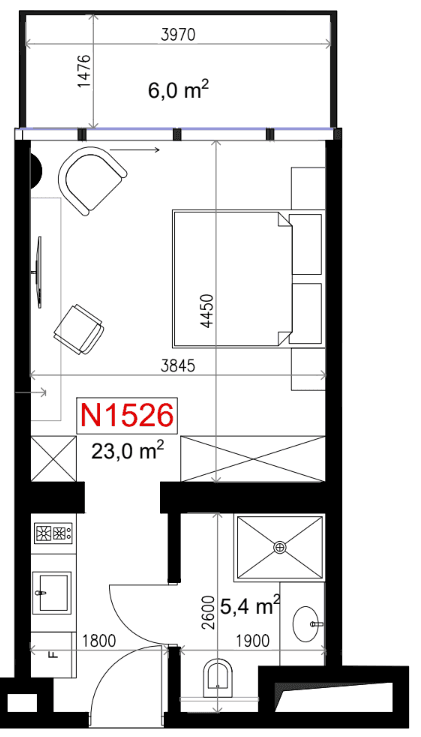 单间, 34.4 m²