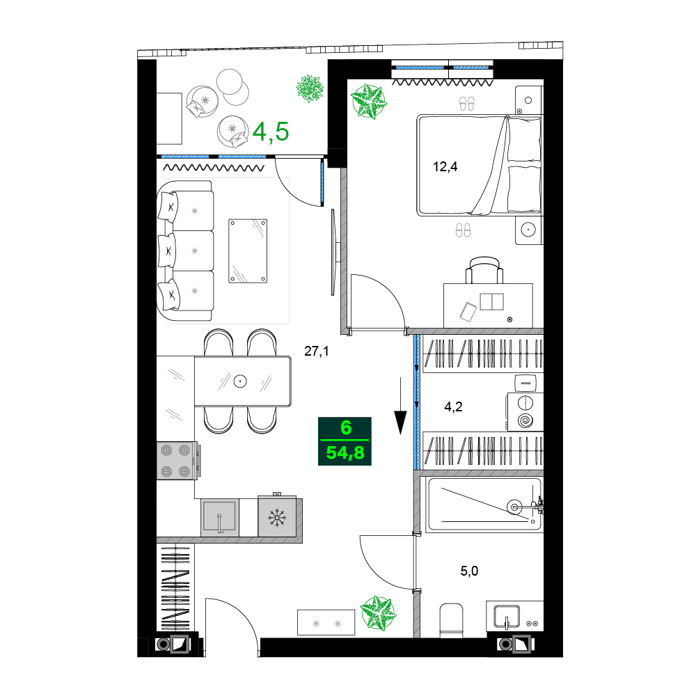 两居室, 54.8 m²