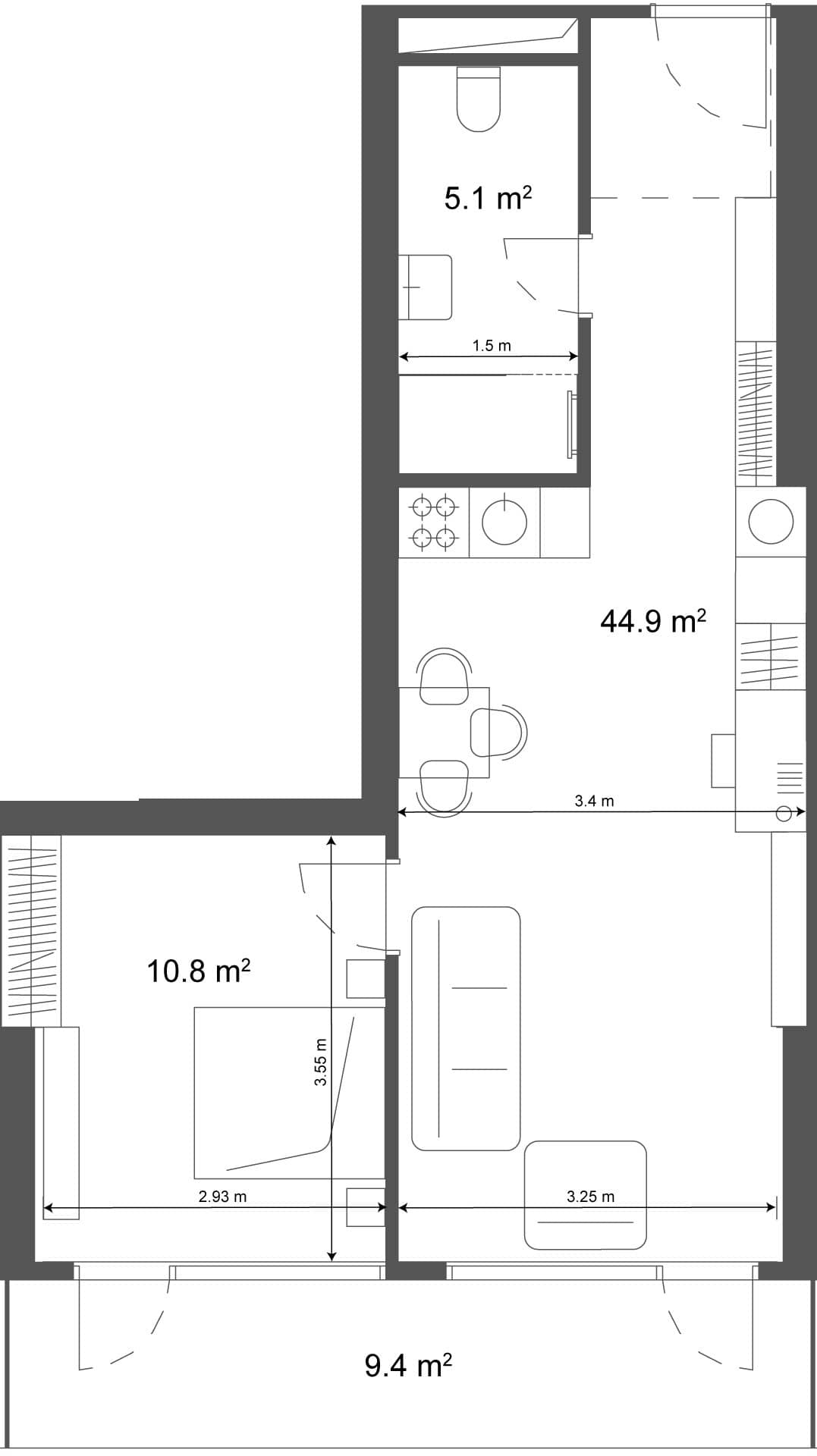 1-room, 54.3 m²