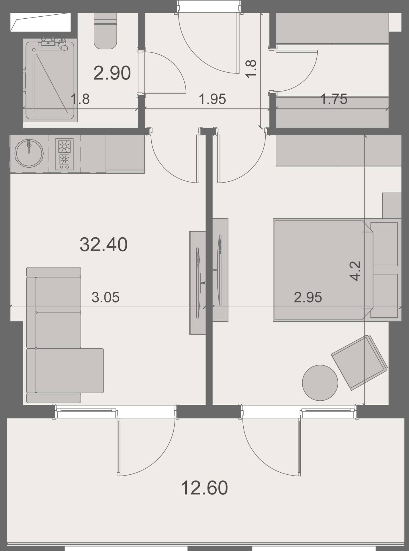 一居室, 47.9 m²