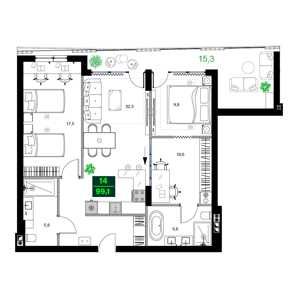 3-room, 99.1 m²