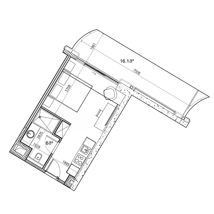 Студия, 43.1 м²