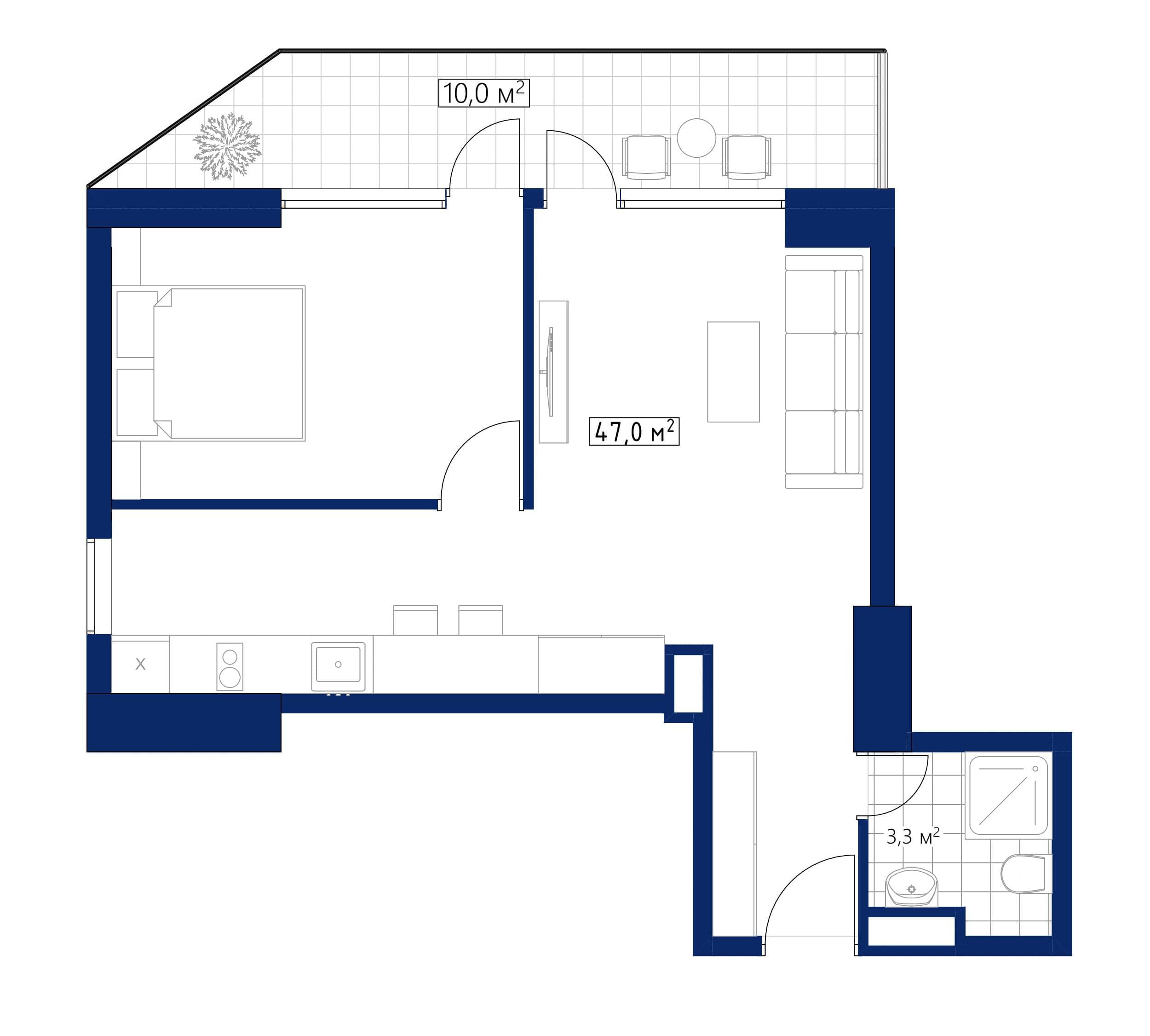 1-room, 57 m²