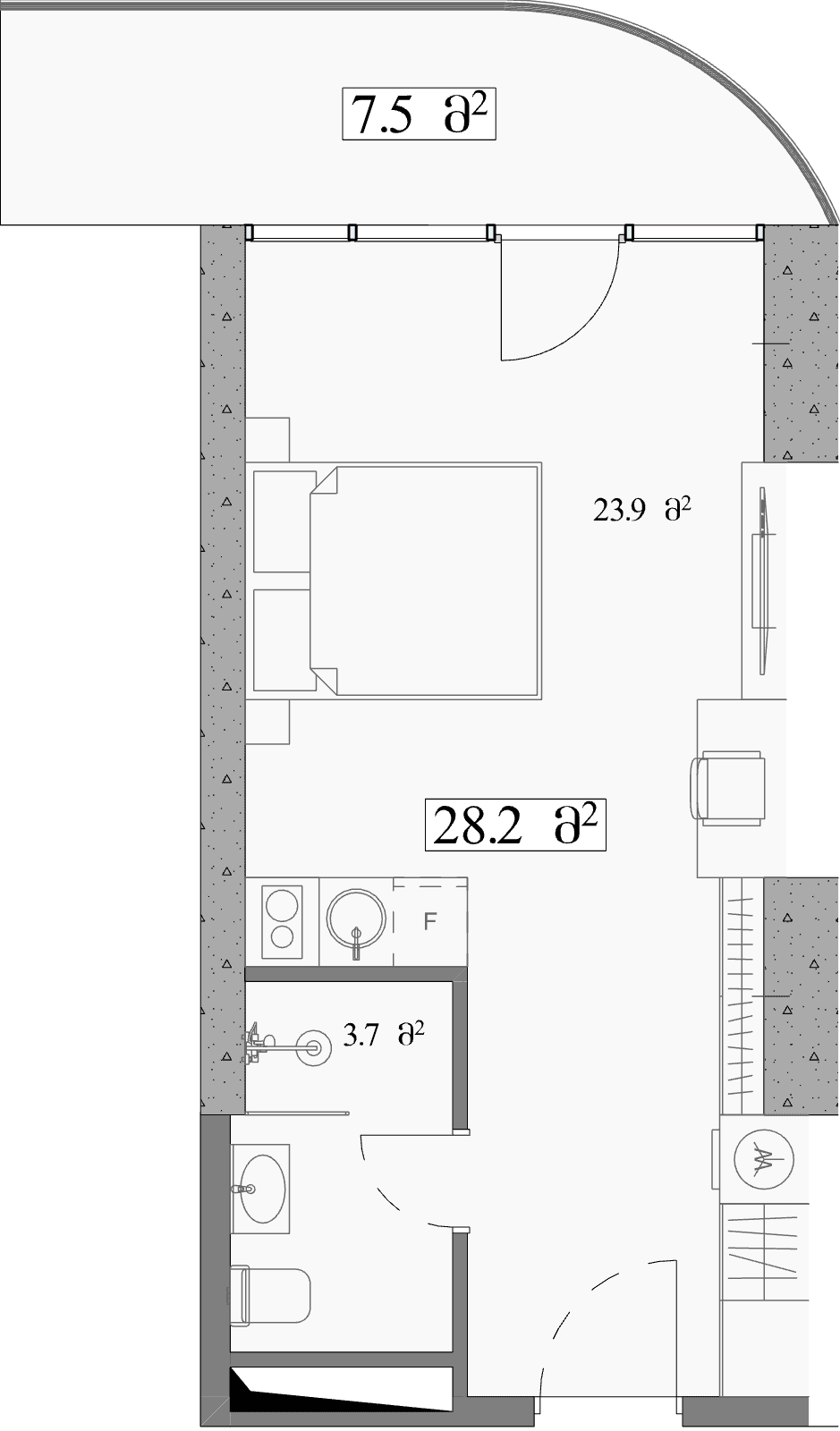 استوديو, 35.7 م²