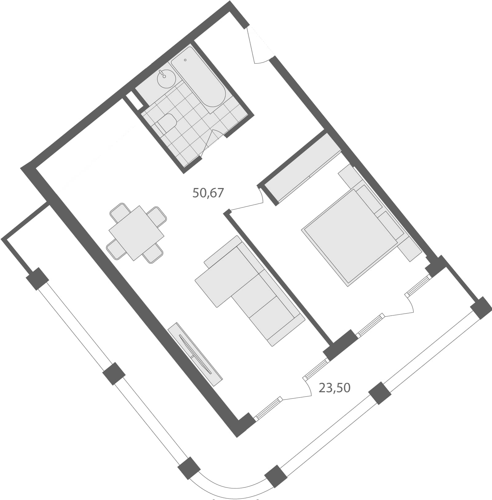 一居室, 74.2 m²