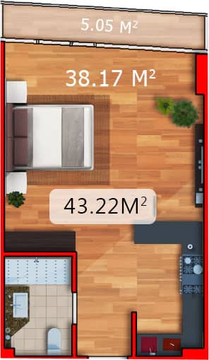 Studio, 43.2 m²