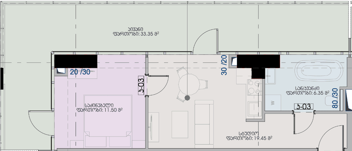一居室, 70.7 m²